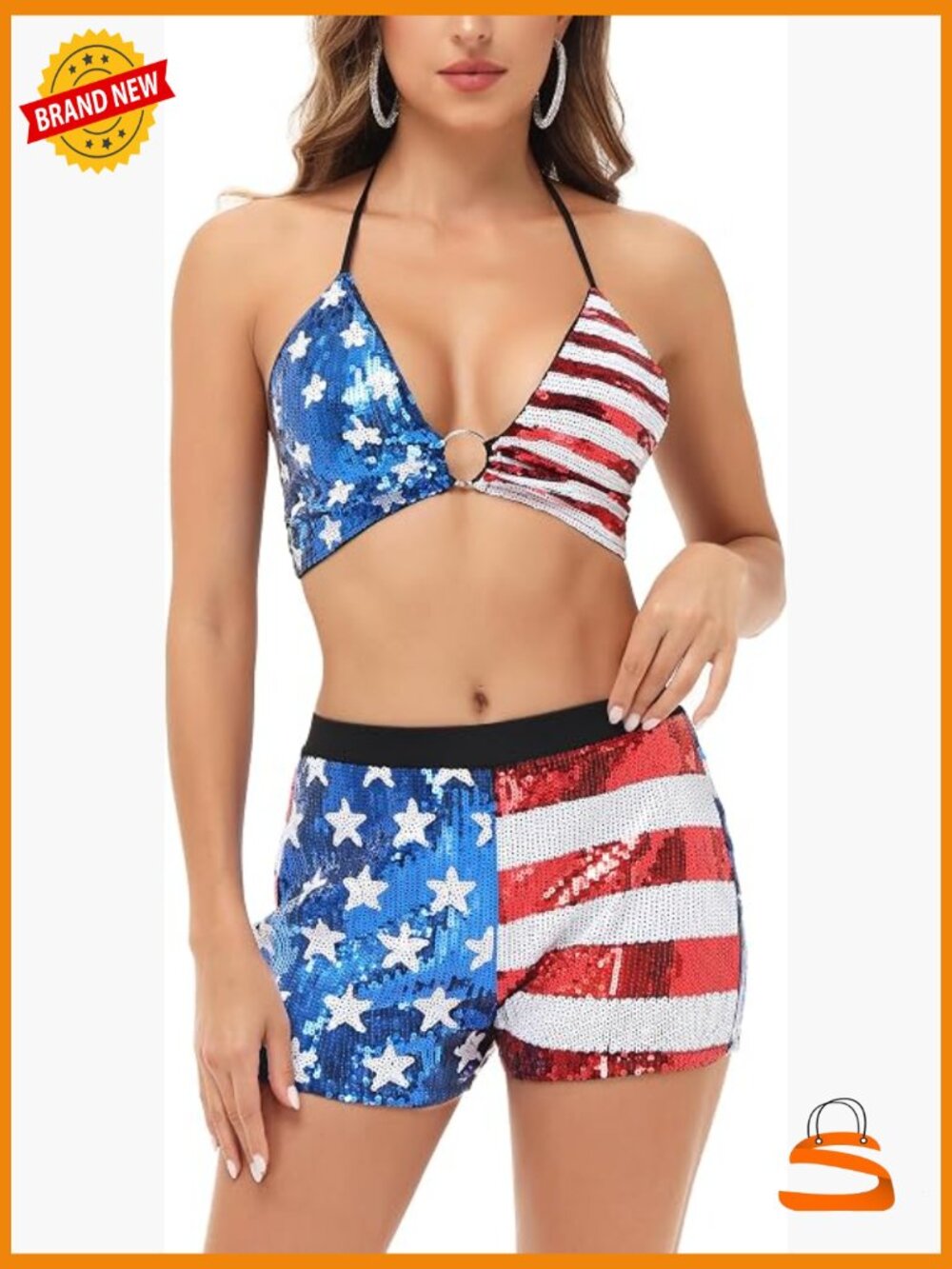 2 Piece Sequin Bikini Set Halter Top & Shorts - Sparkly 4th of July